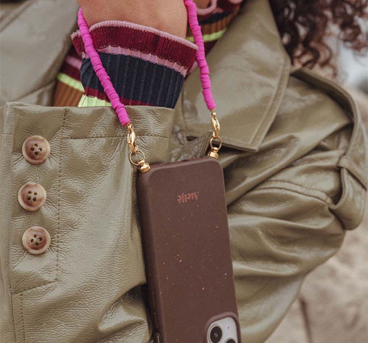 Chocolate phone case with pink cord